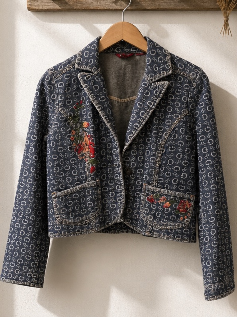 Guess Blue Denim Embroidered Jean Blazer with Red & Green Floral Accents